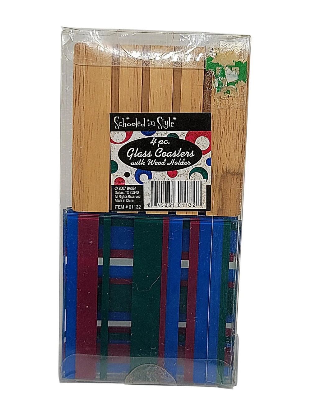 Striped Square Glass Coaters with Wood Base Holder Red Green Blue Set Of 4 - M8